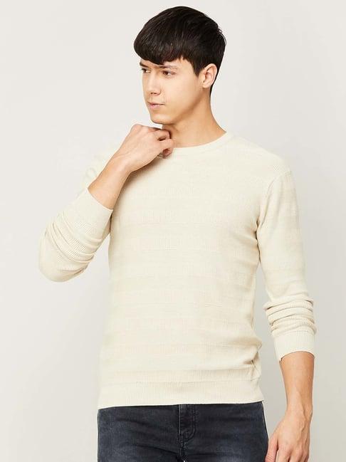 melange by lifestyle beige cotton regular fit striped sweater