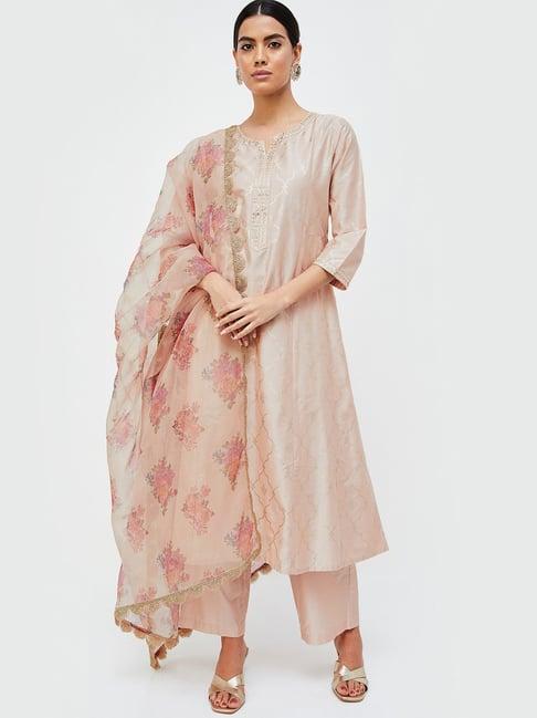 melange by lifestyle beige embellished kurta with pants & dupatta