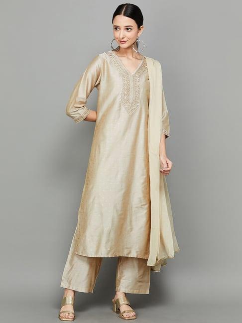 melange by lifestyle beige embroidered kurta palazzo set with dupatta