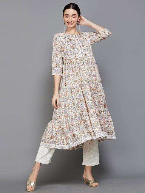 melange by lifestyle beige floral print a line kurta