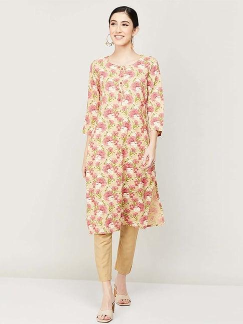 melange by lifestyle beige printed straight kurta