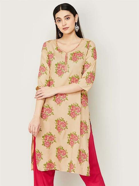 melange by lifestyle beige printed straight kurta