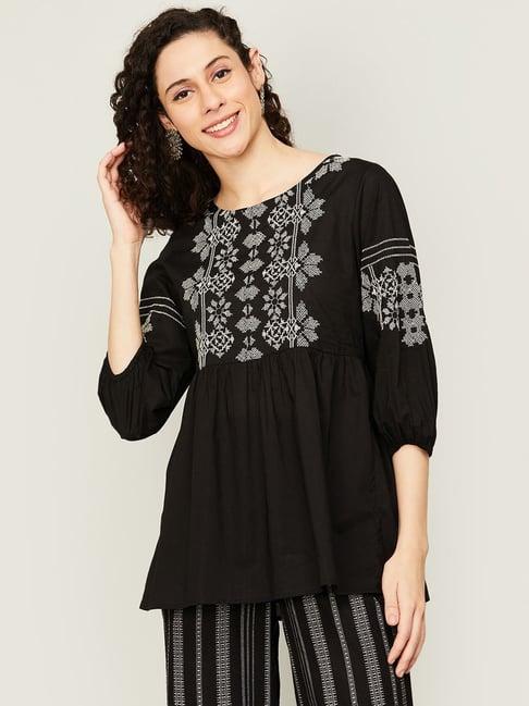 melange by lifestyle black cotton embroidered tunic