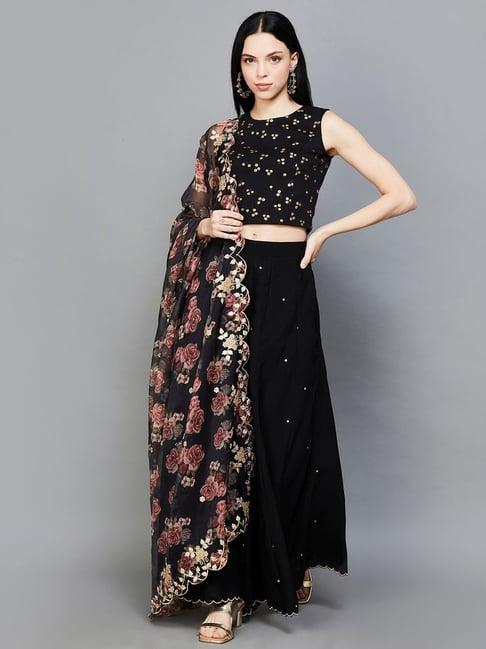 melange by lifestyle black embroidered crop top skirt set with dupatta