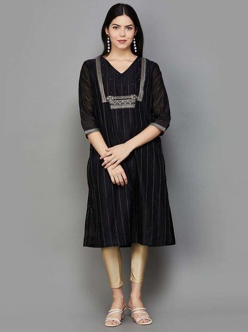 melange by lifestyle black embroidered straight kurta