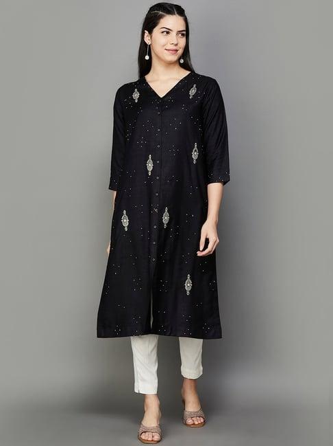 melange by lifestyle black embroidered straight kurta