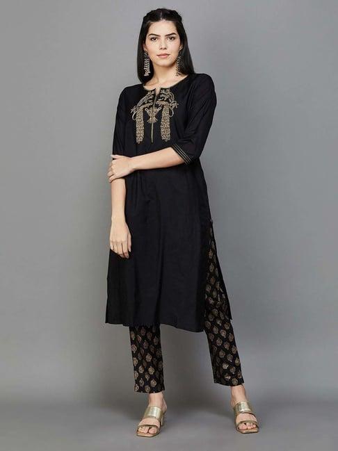 melange by lifestyle black woven pattern kurta pant set
