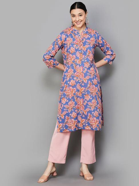 melange by lifestyle blue & orange cotton floral print kurta