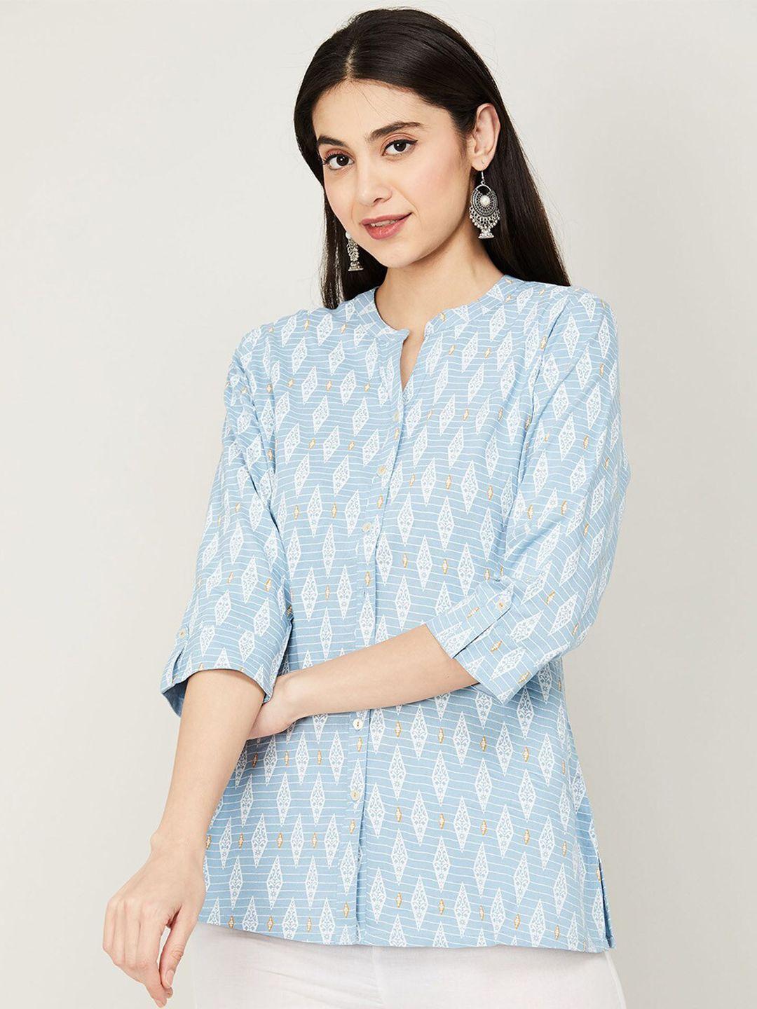 melange by lifestyle blue & white print mandarin collar shirt style longline top