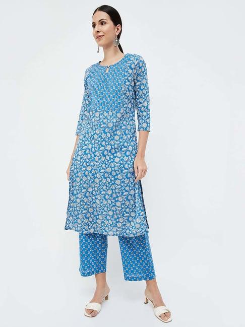 melange by lifestyle blue cotton embroidered kurta & pant set