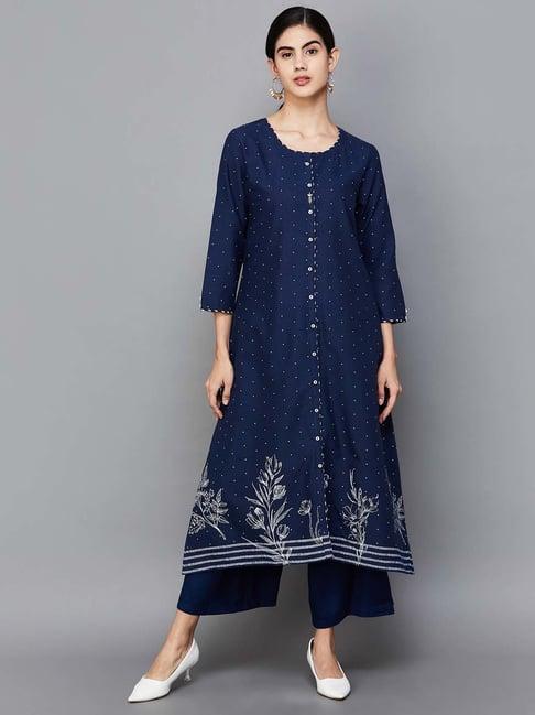 melange by lifestyle blue cotton polka dots a line kurta