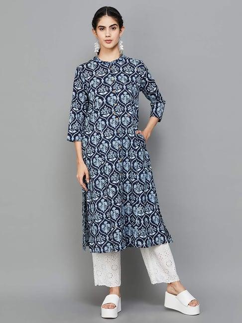 melange by lifestyle blue cotton printed a line kurta