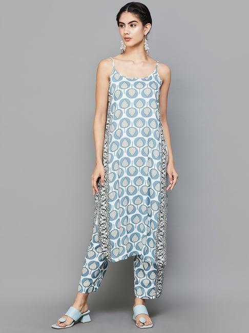 melange by lifestyle blue cotton printed kurta pant set