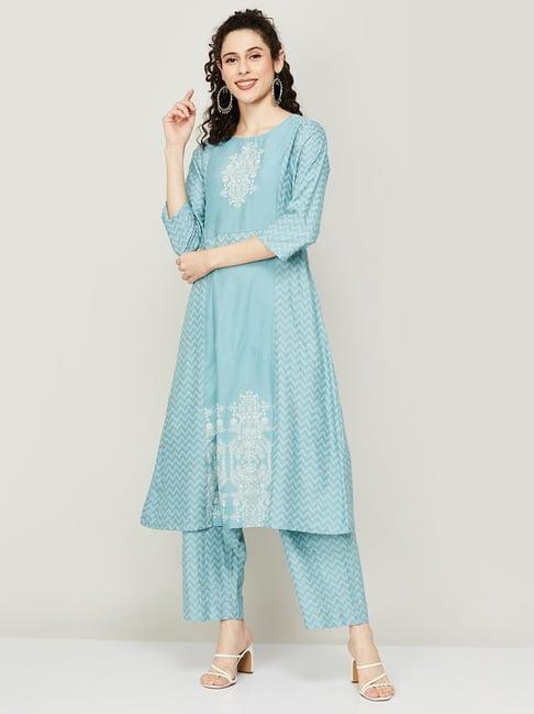 melange by lifestyle blue embroidered kurta pant set