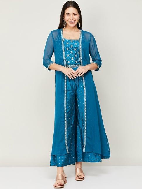 melange by lifestyle blue embroidered top palazzo set with jacket