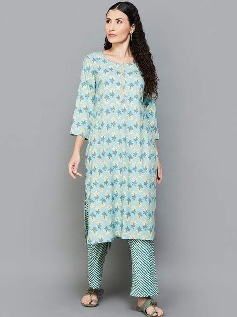 melange by lifestyle blue floral print kurta pant set