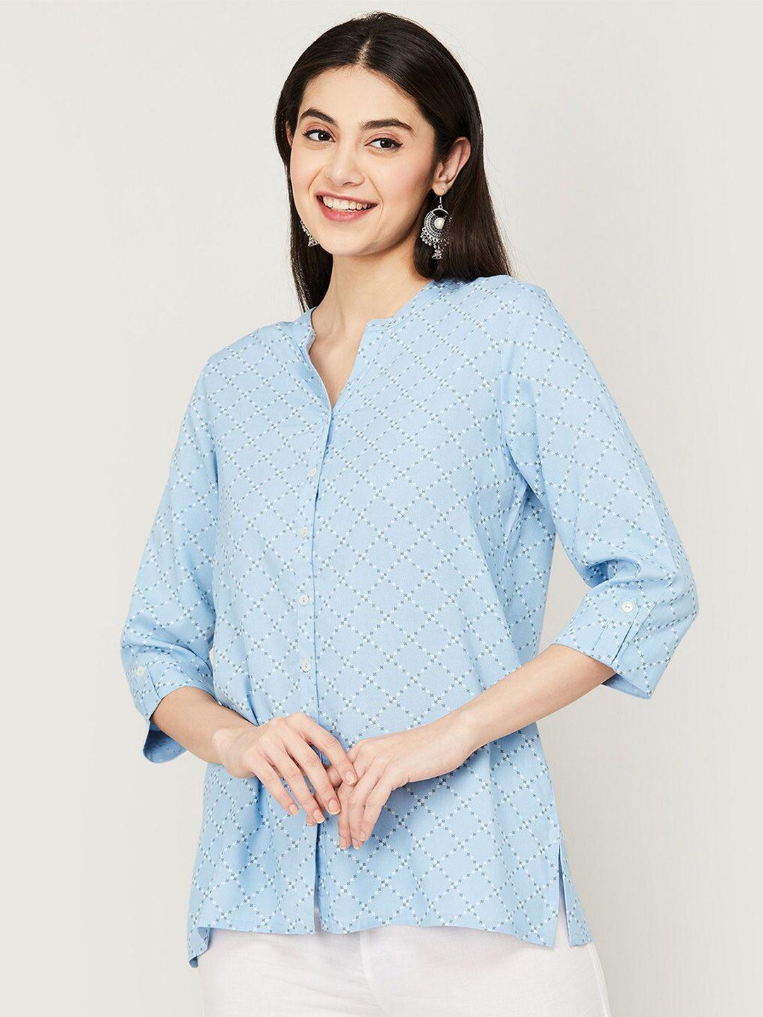 melange by lifestyle blue floral print mandarin collar shirt style longline top
