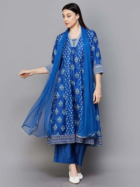 melange by lifestyle blue printed kurta pant set with dupatta