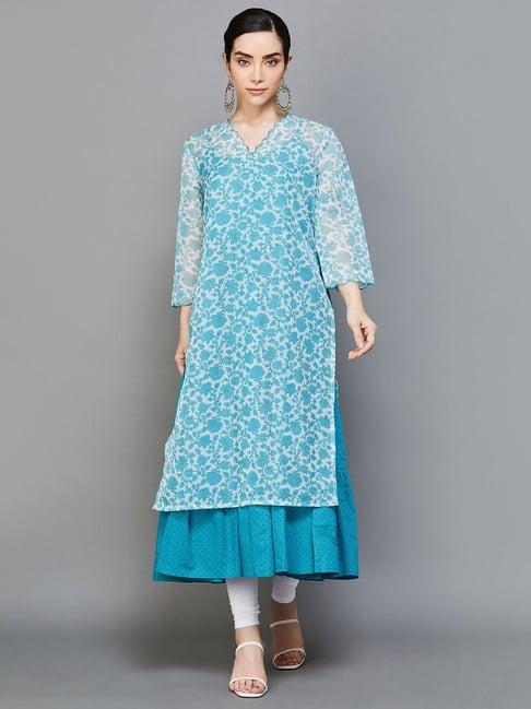 melange by lifestyle blue printed straight double layer kurta