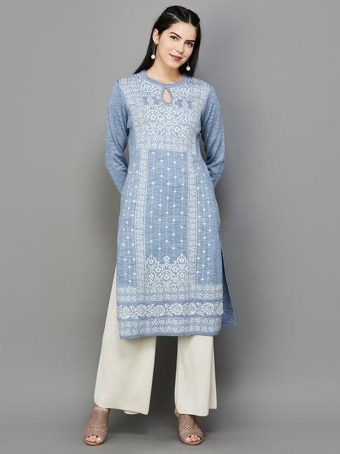 melange by lifestyle blue printed straight kurta