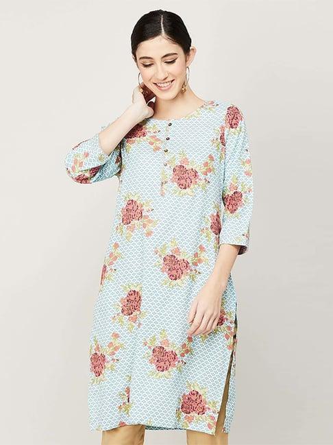 melange by lifestyle blue printed straight kurta