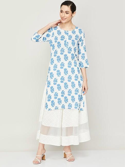 melange by lifestyle blue printed straight kurta