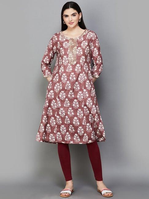 melange by lifestyle brown floral print straight kurta