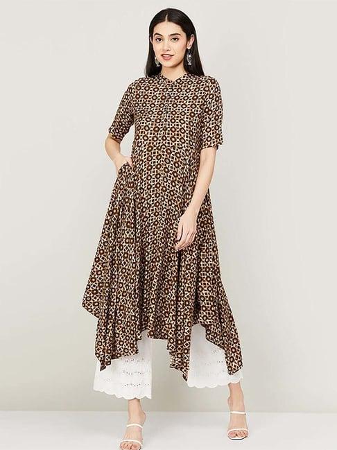 melange by lifestyle brown printed a line kurta