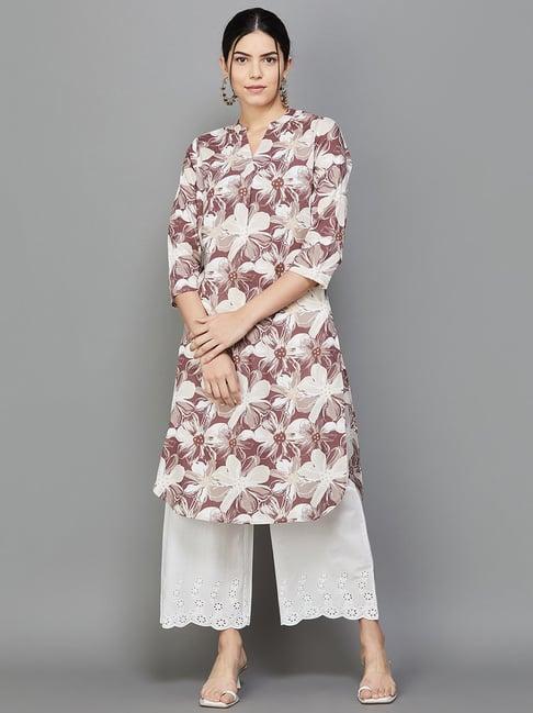 melange by lifestyle brown printed straight kurta