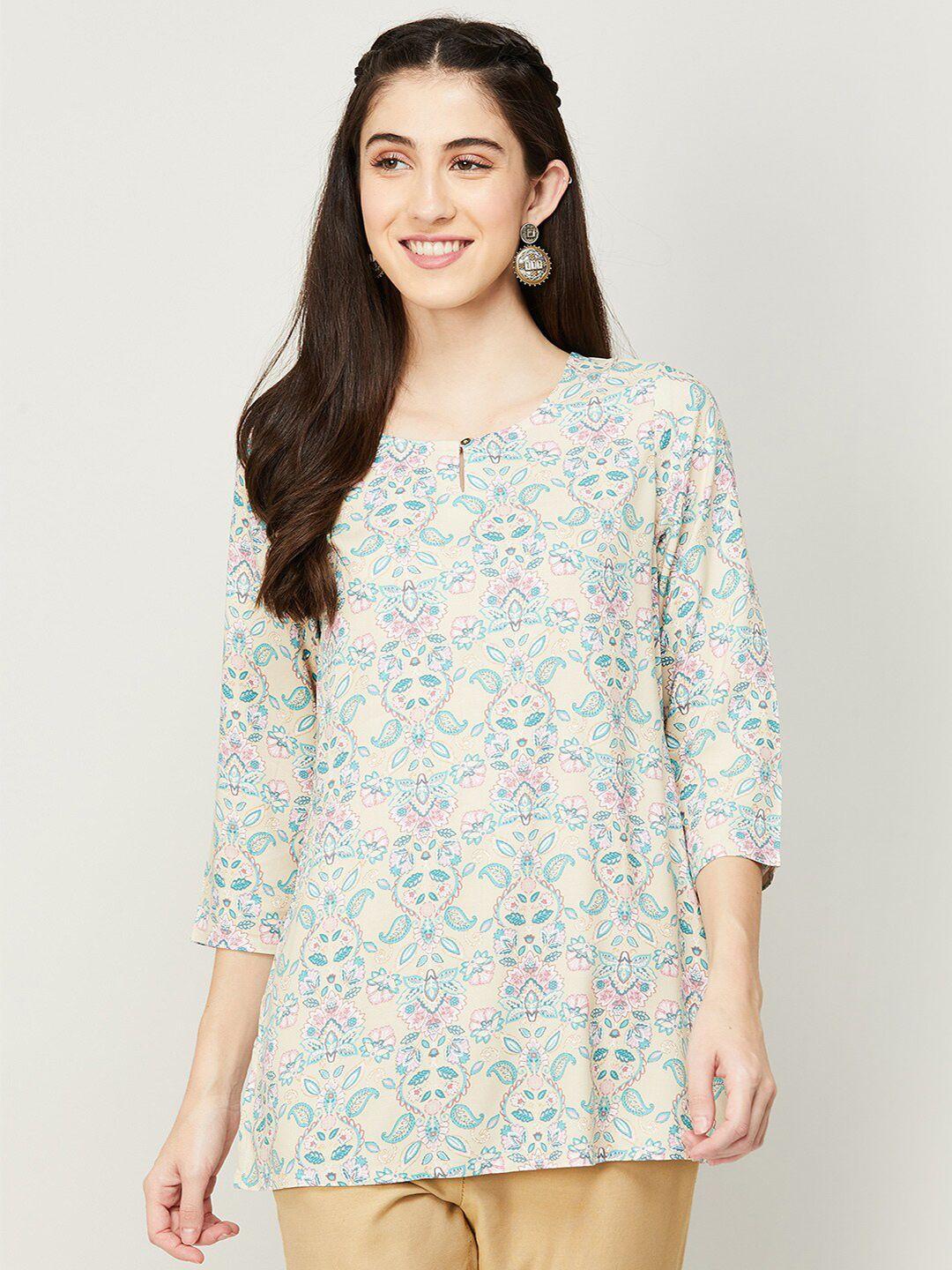 melange by lifestyle cream-coloured & teal floral printed kurti