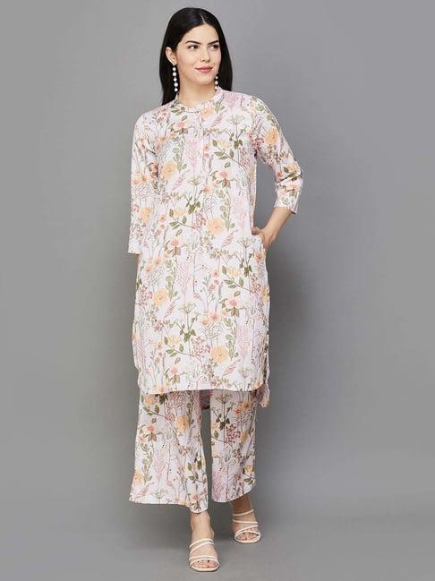 melange by lifestyle cream floral print straight kurta