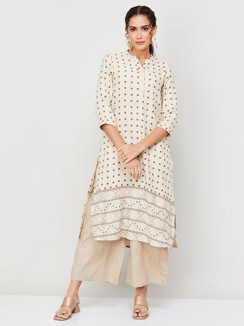 melange by lifestyle cream linen printed straight kurta