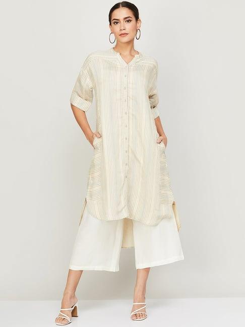 melange by lifestyle cream linen printed straight kurta