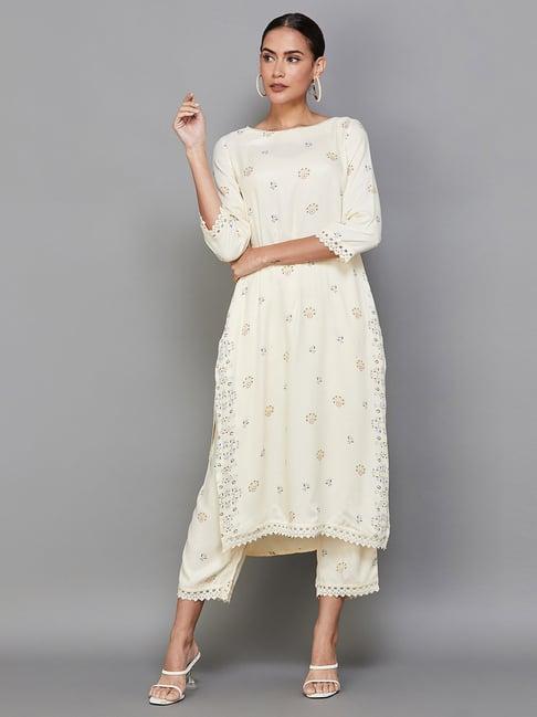 melange by lifestyle cream printed kurta pant set