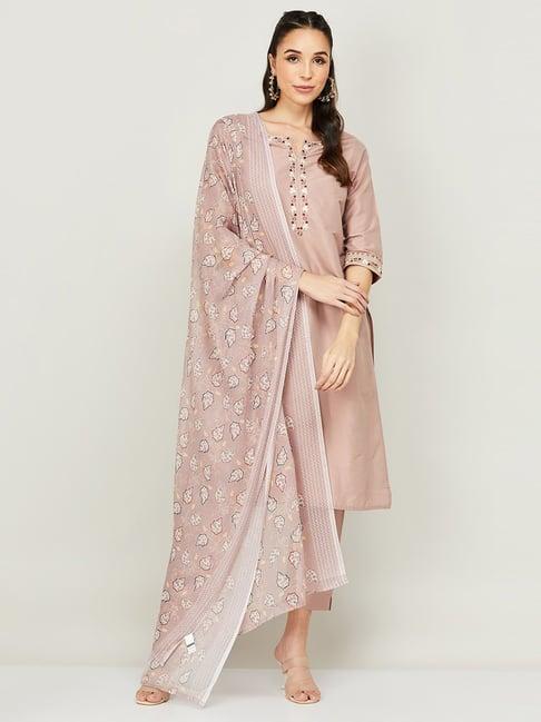 melange by lifestyle dusty pink embroidered kurta pant set with dupatta