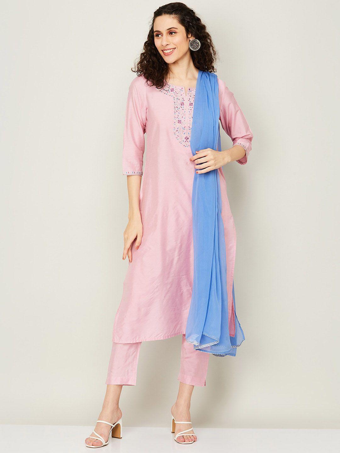 melange by lifestyle embroidered notch neck thread work kurta with trousers & dupatta