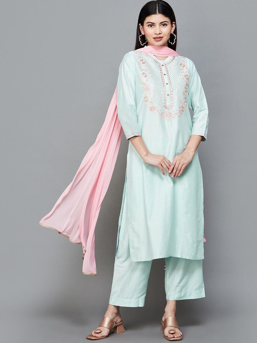 melange by lifestyle ethnic motifs embroidered straight kurta with trouser & dupatta