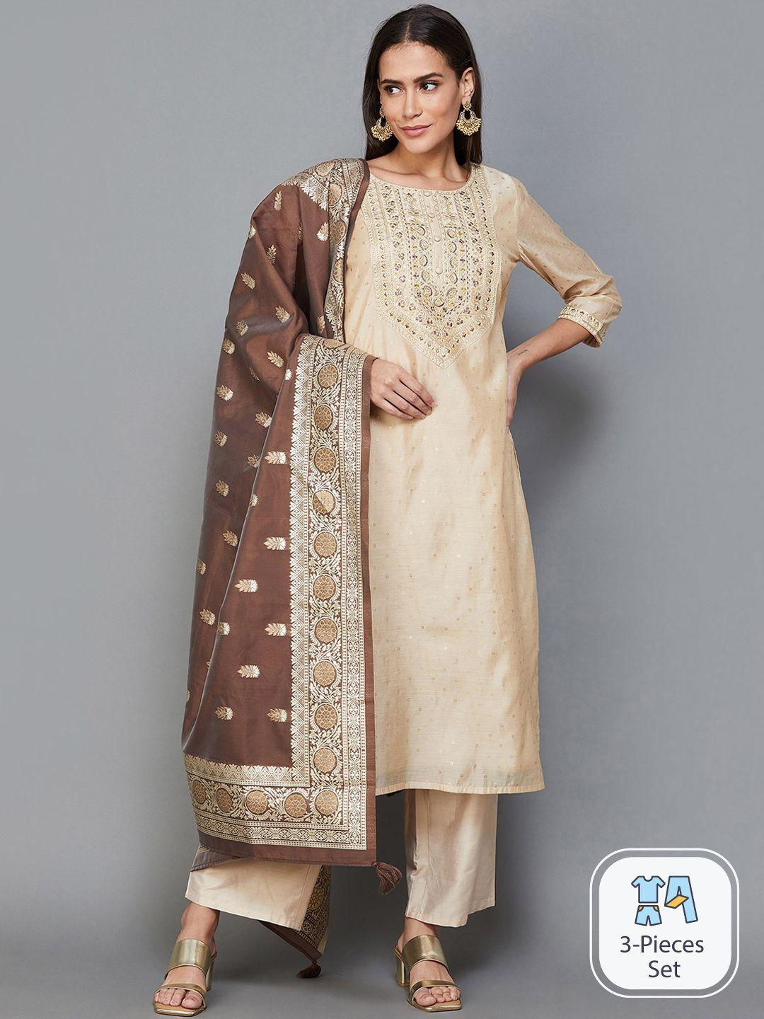 melange by lifestyle ethnic motifs embroidered thread work kurta with palazzos & dupatta