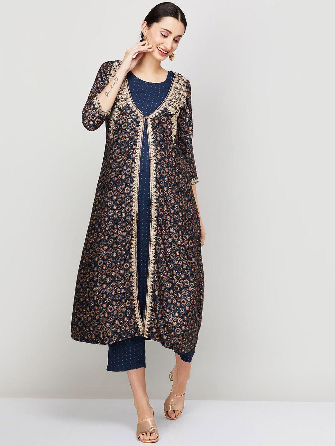 melange by lifestyle ethnic motifs printed kurta with trousers & jacket