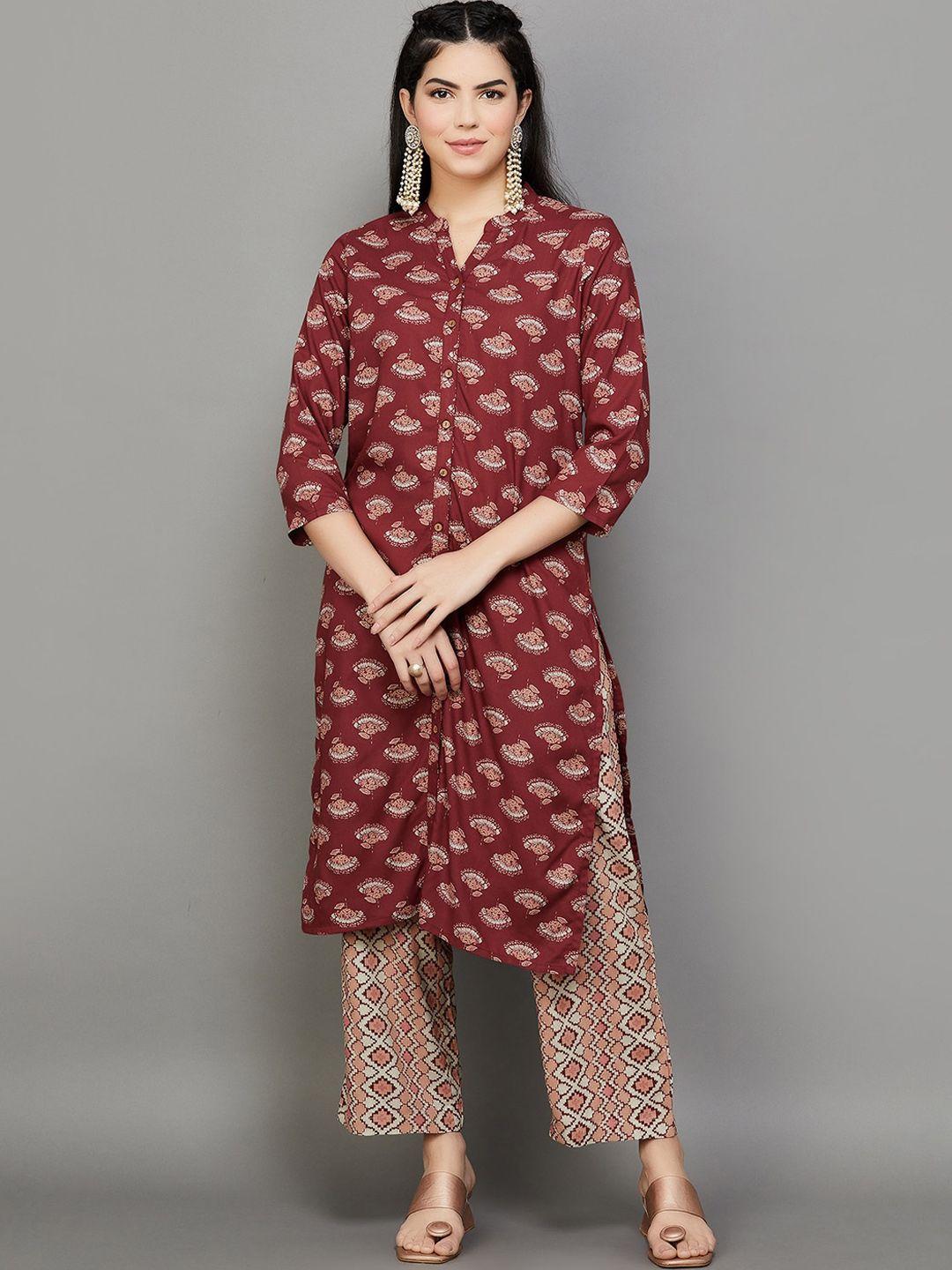 melange by lifestyle ethnic motifs printed mandarin collar kurta with palazzos