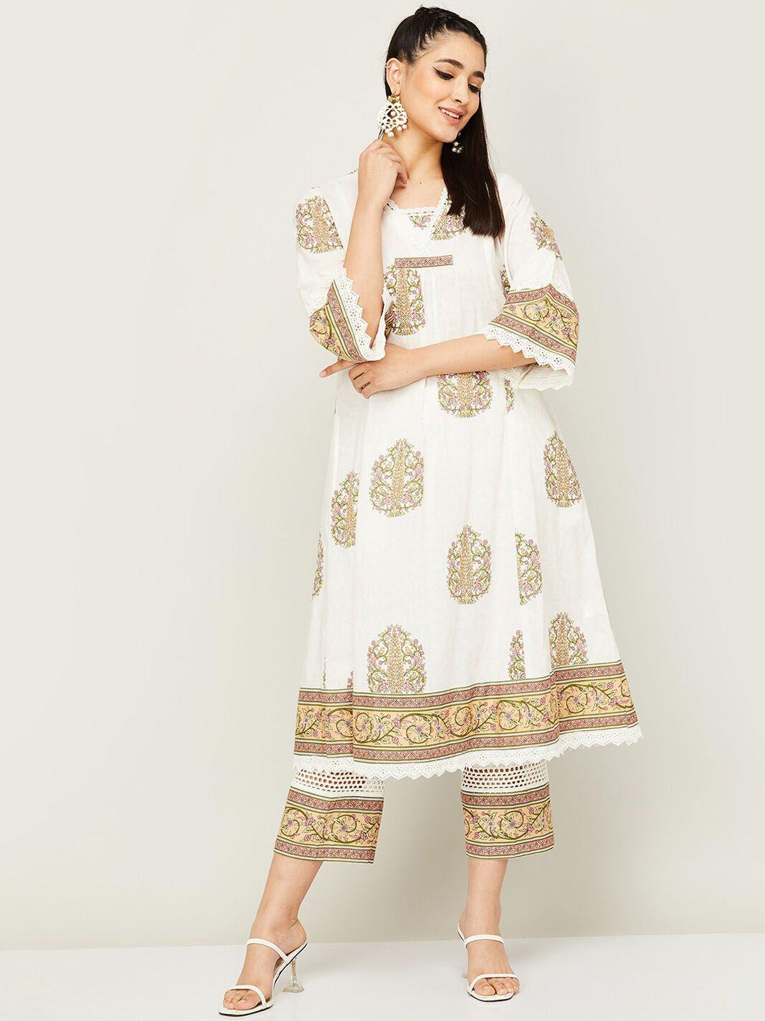 melange by lifestyle ethnic motifs printed pure cotton a-line kurta with trousers
