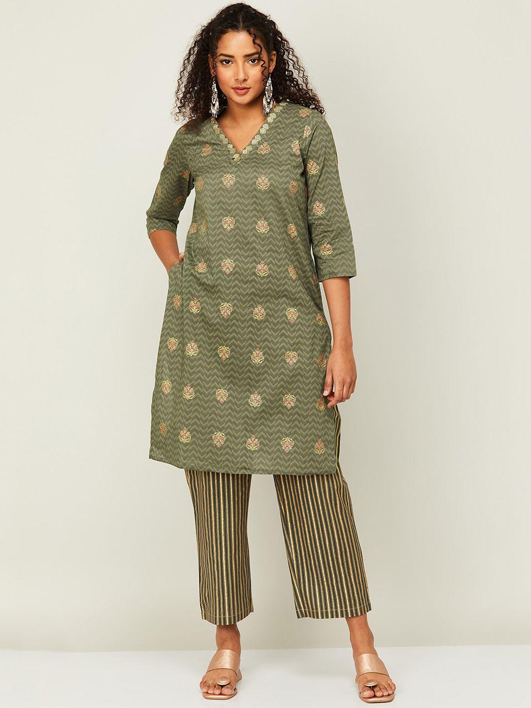 melange by lifestyle ethnic motifs printed pure cotton kurta with trousers