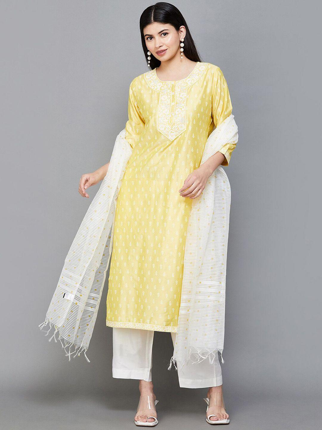 melange by lifestyle ethnic motifs printed round neck kurta with trousers & dupatta