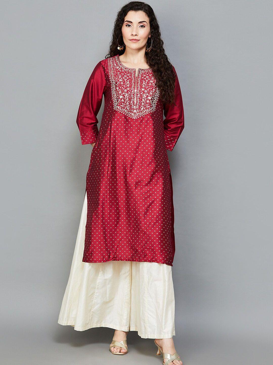 melange by lifestyle ethnic motifs printed round neck thread work straight kurta