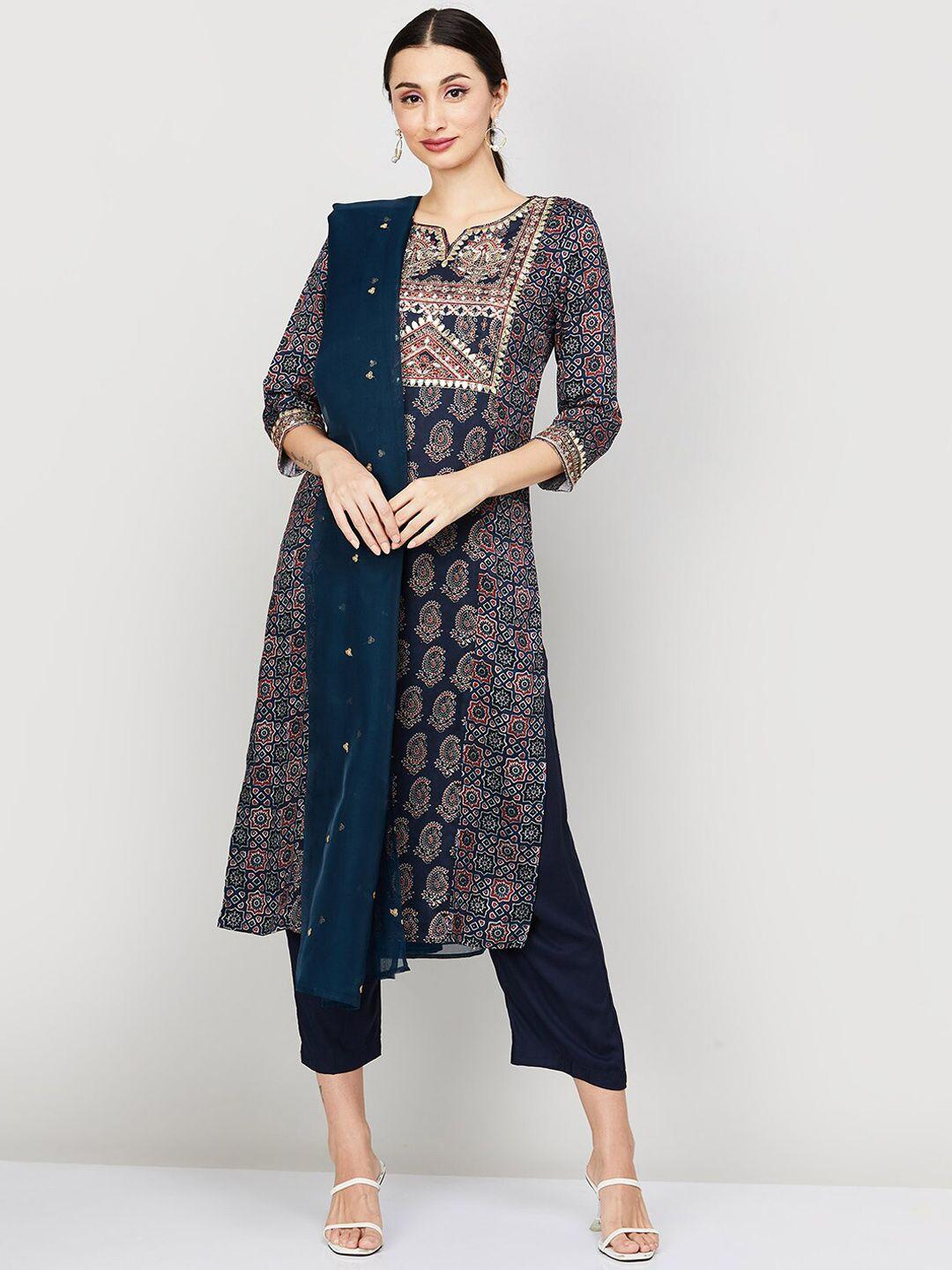 melange by lifestyle ethnic motifs printed sequinned detail kurta with trousers & dupatta