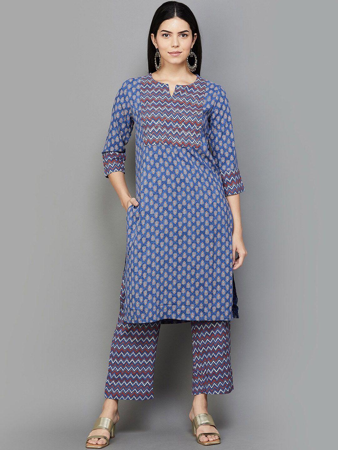 melange by lifestyle ethnic motifs printed sequinned straight kurta with trousers