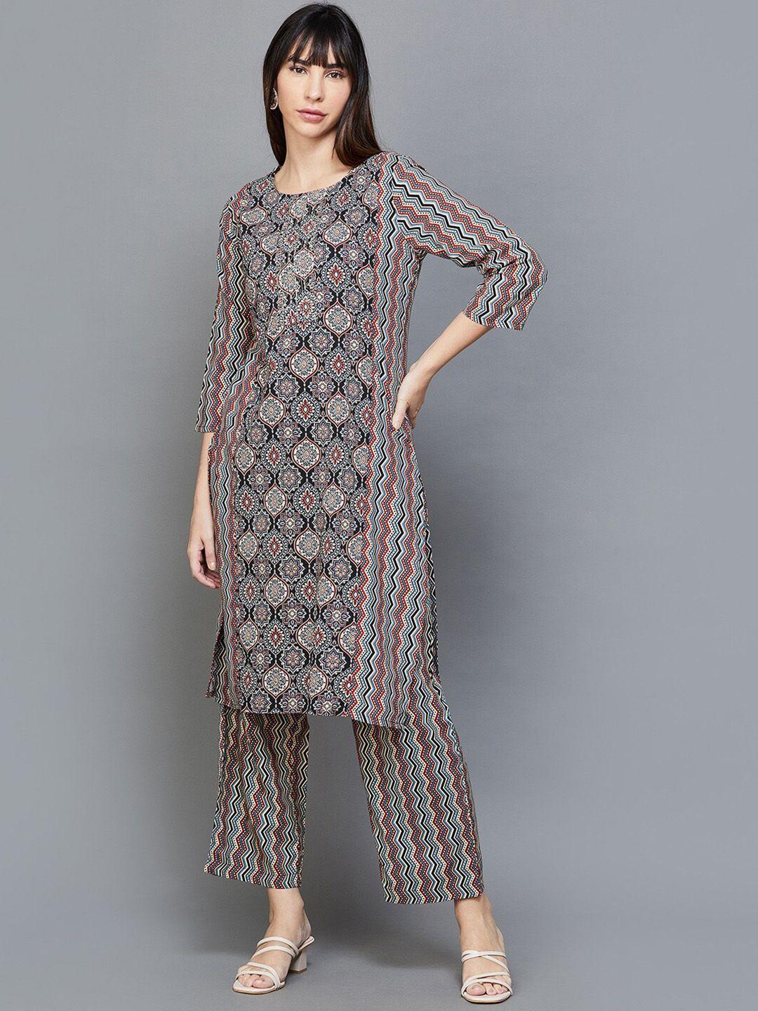 melange by lifestyle ethnic motifs printed straight kurta with trousers