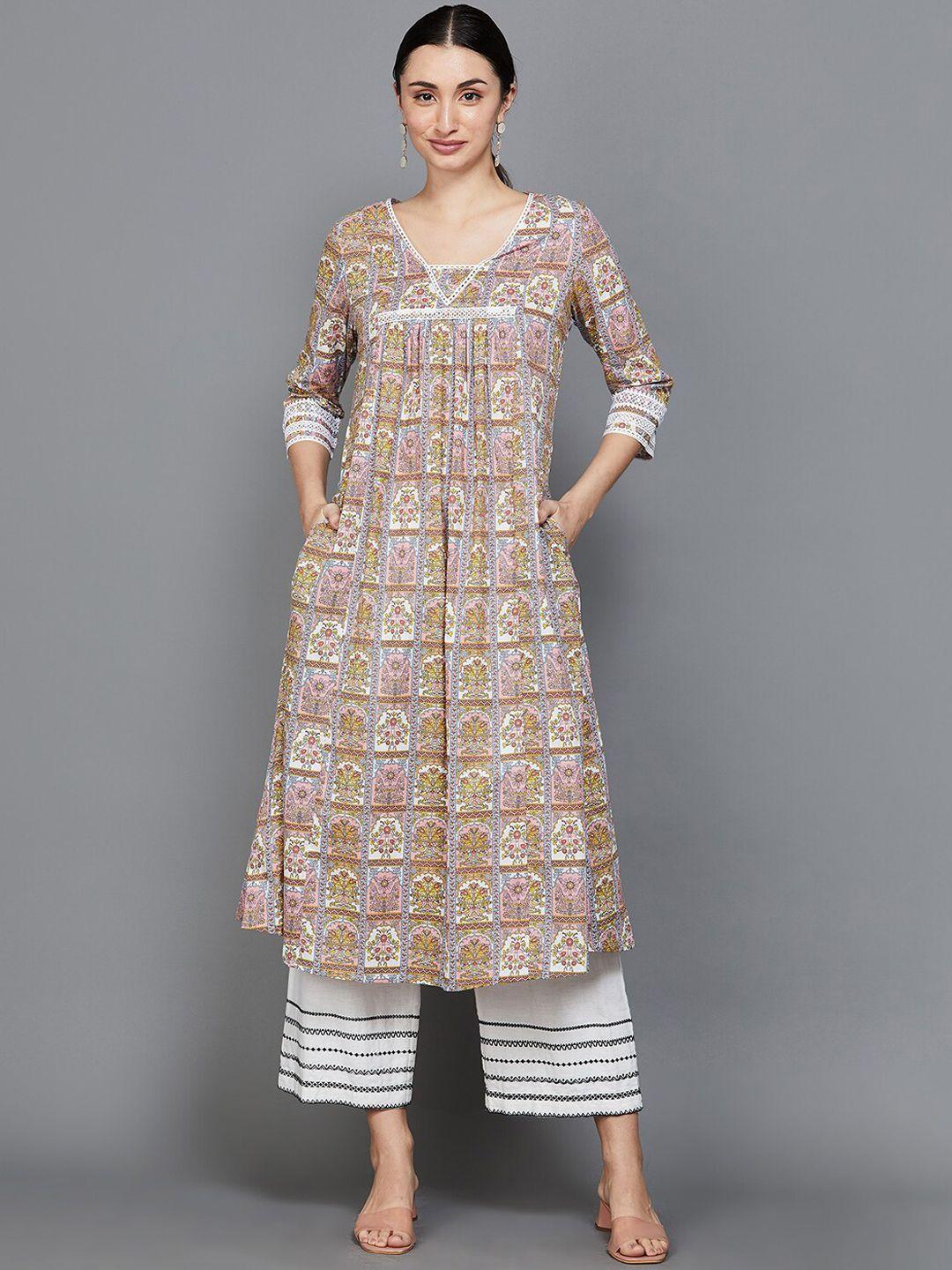 melange by lifestyle ethnic motifs printed v-neck pure cotton a-line kurta