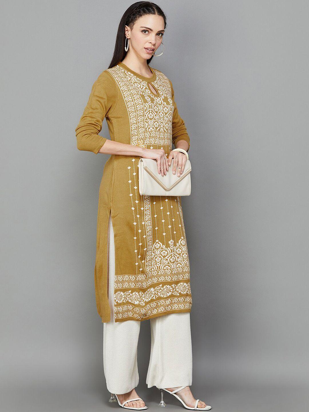 melange by lifestyle ethnic motifs woven design keyhole neck long sleeves acrylic kurta
