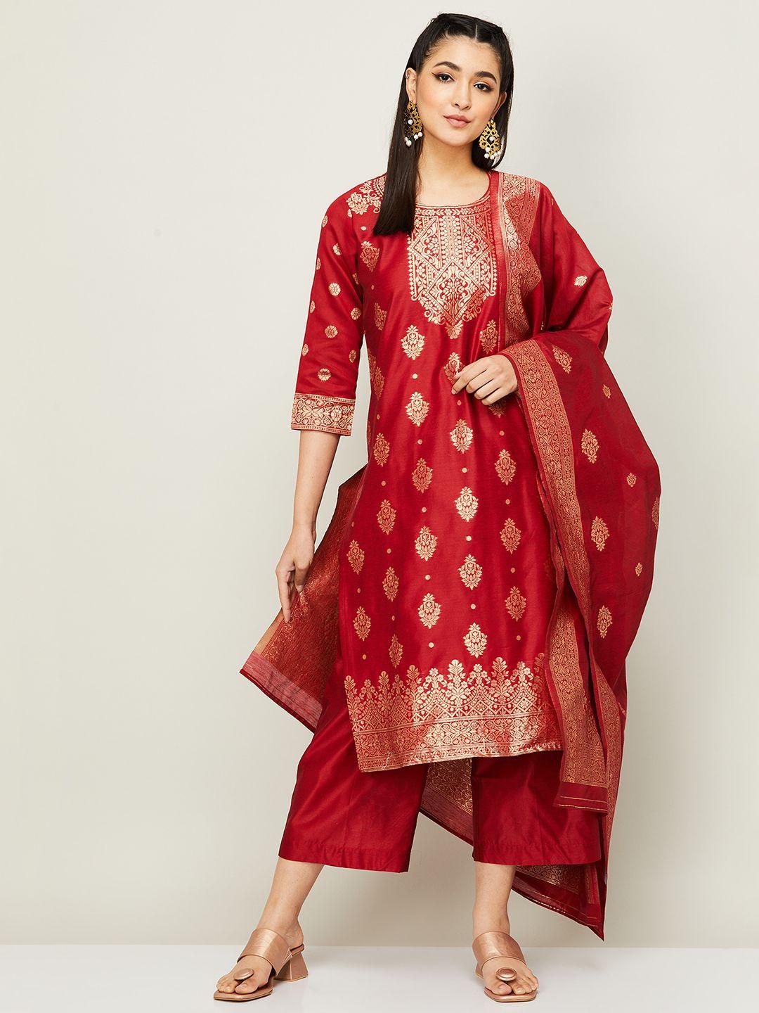 melange by lifestyle ethnic motifs woven design kurta with palazzos & dupatta